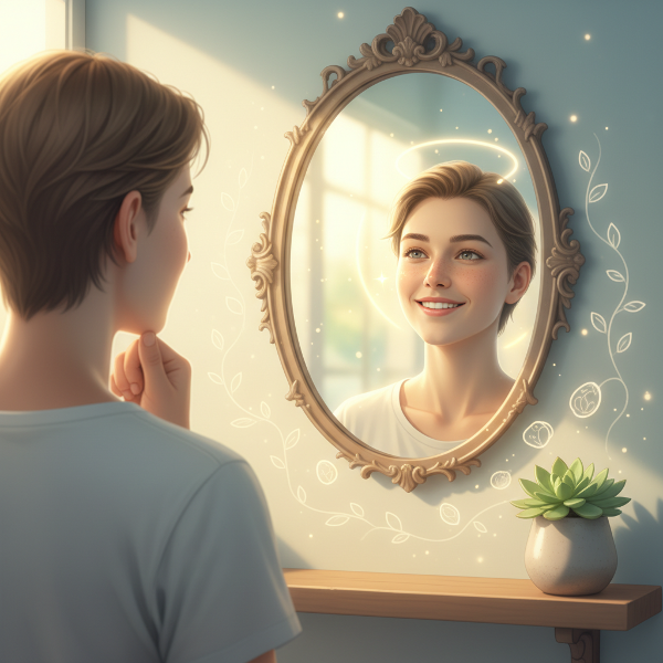 Et bilde som viser en person som ser sin egen refleksjon i et speil, med et positivt og selvsikkert uttrykk, omgitt av varme lys og symboler på personlig vekst.