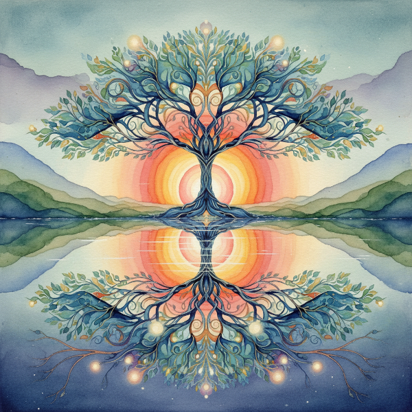 Et abstrakt landskap som viser en balansert trevekst fra en rolig innsjø med refleksjoner, som symboliserer emosjonell balanse, personlig vekst og sosial tilknytning.