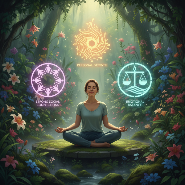 Et bilde som viser en person i rolig meditasjon i en harmonisk hage, omgitt av symboler på emosjonell balanse, personlig vekst og gode relasjoner.