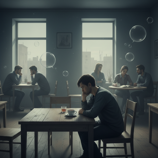 Et bilde som viser en person i refleksjon, omgitt av sosiale situasjoner med uuttalte følelser og betydningsfulle pauser.