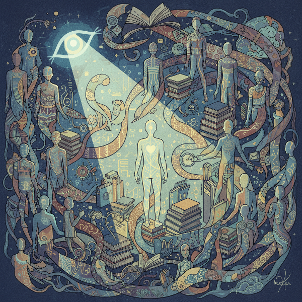 Et abstrakt bilde som viser menneskesilhuetter med kulturelle mønstre som smelter sammen, en labyrint av sosiale normer, og et lys av selvrefleksjon.