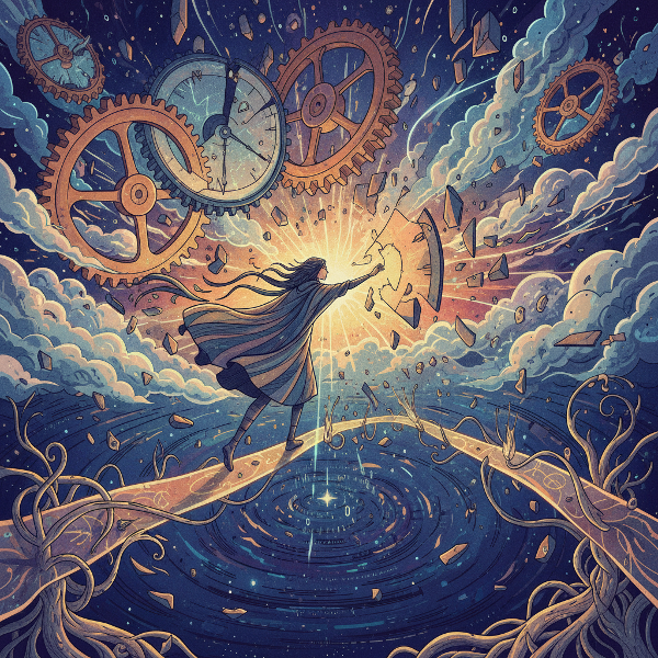 Et surrealistisk bilde som viser en person som beveger seg gjennom flytende urverk, skjulte stier i kaos, og forvandler hindringer til broer.