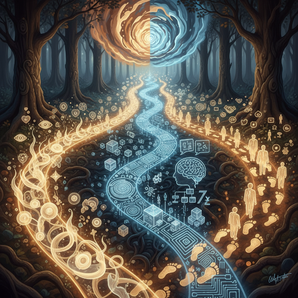 Et abstrakt bilde som viser tre divergerende stier i en skog, som symboliserer ulike psykologiske beslutningsprosesser.