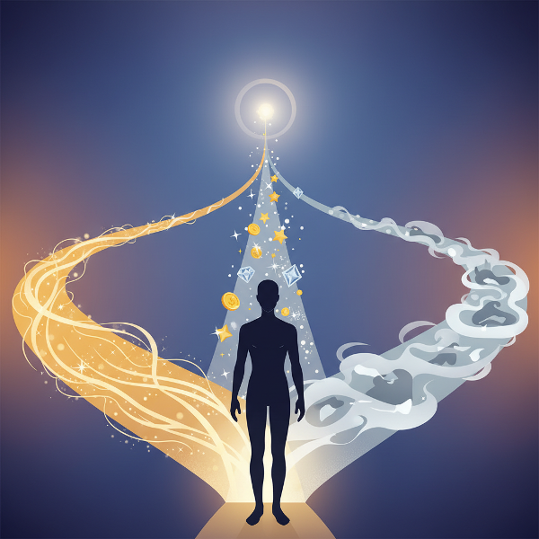 Et bilde som viser tre veier som symboliserer indre motivasjon, ytre belønninger og utsettelse, som forgrener seg fra en person.