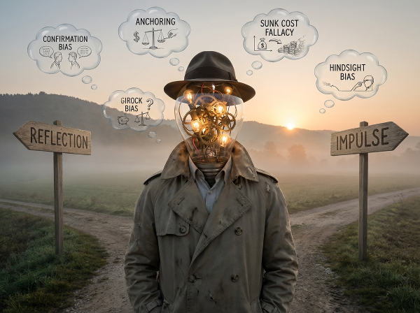 Et bilde av en person med gjennomsiktig hode som viser tannhjul og lyspærer inni, som står ved et veiskille med stier merket 'Refleksjon' og 'Impuls', omgitt av tankebobler som viser kognitive skjevheter.