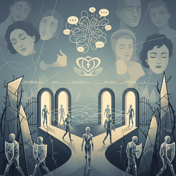 Et abstrakt bilde som viser hvordan tillit og mistillit manifesteres i sosiale situasjoner, med elementer av åpne og lukkede rom, uuttalte regler og menneskelige silhuetter som navigerer mellom dem.