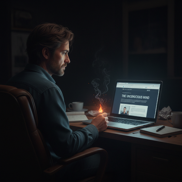 En mann føler seg utmattet og tom mens han arbeider med sitt nye nettsted for psykologisk rådgivning.