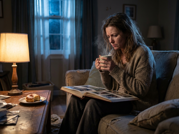 En kvinne som føler seg overveldet av hverdagen sitter alene om kvelden, omgitt av familieminner og søtsaker, mens hun reflekterer over bekymringer og lav sexlyst.