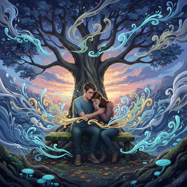 Et bilde som viser to venner som støtter hverandre i sorg, omgitt av både forvirrende og rolige følelser i landskapet.