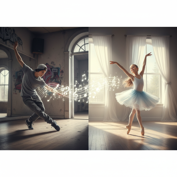 En gutt trener hiphop med intens konsentrasjon i en dansestudio, mens en jente danser ballett med fri glede i et solfylt rom, forbundet av musikalske noter som flyter mellom dem.