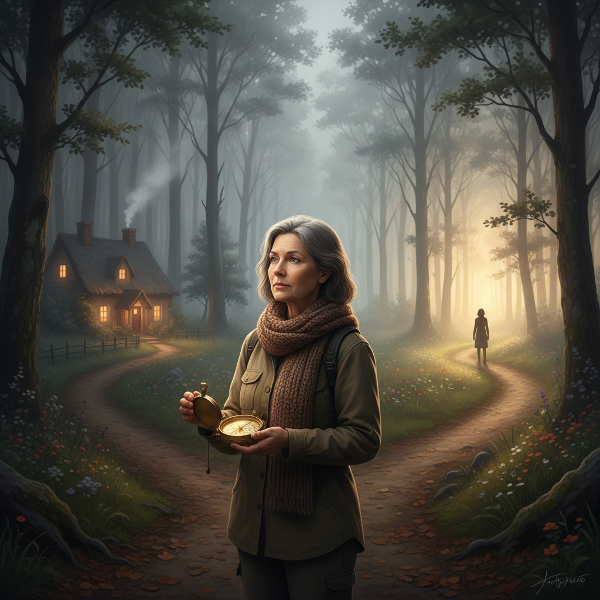 En kvinne i skogen står ved et veiskille, symbolsk for valget mellom familie og selvutforskning.