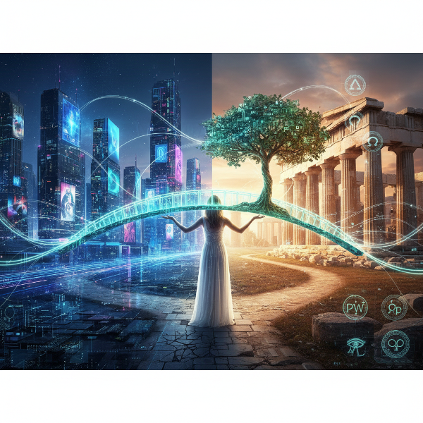 En kvinne står ved et veiskille mellom en digital by og en filosofisk sti, og holder en bro som forbinder de to verdene.