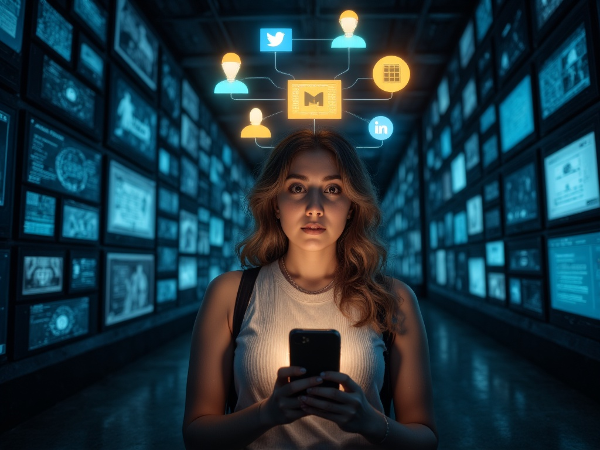 En ung kvinne ved et veiskille som symboliserer valget mellom autentisk tilværelse og automatiske digitale vaner, med refleksjon over underliggende følelser.