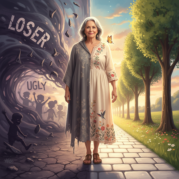 En kvinne i midten av livet står ved et veiskille mellom mørke skygger fra fortiden og en lys fremtid, som symboliserer reisen mot økt selvtillit etter mobbing.