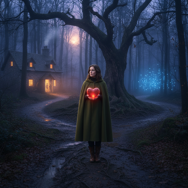 En kvinne står ved et veiskille i en skumringsskog, med et hjerte i hendene som symboliserer motstridende ønsker om intimitet og familiestabilitet.