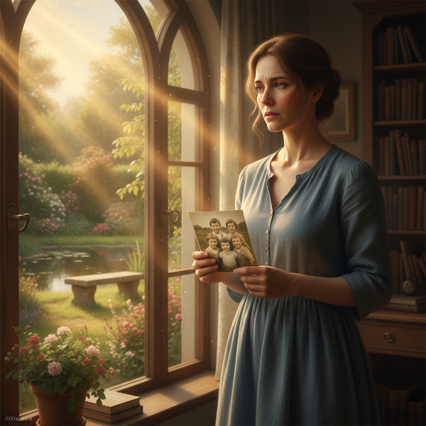 En kvinne står ved et vindu i et fredelig hjem, men bærer på minner fra en krigsherjet fortid. Hun holder et bilde av barn, og uttrykket hennes viser en kompleks blanding av sorg og begynnende bearbeidelse.
