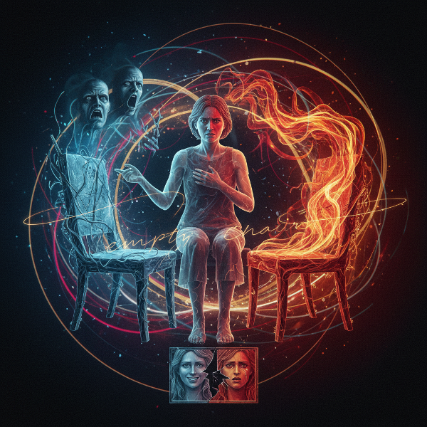 En abstrakt visuell fremstilling av en kvinne som balanserer mellom jobb-relatert psykologisk påvirkning og hormonelle forandringer, med elementer fra gestaltterapi.