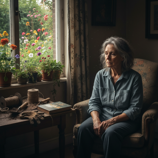 En kvinne i 50-årene som føler seg tom og apatisk, omgitt av tegn på tidligere interesser hun ikke lenger orker.