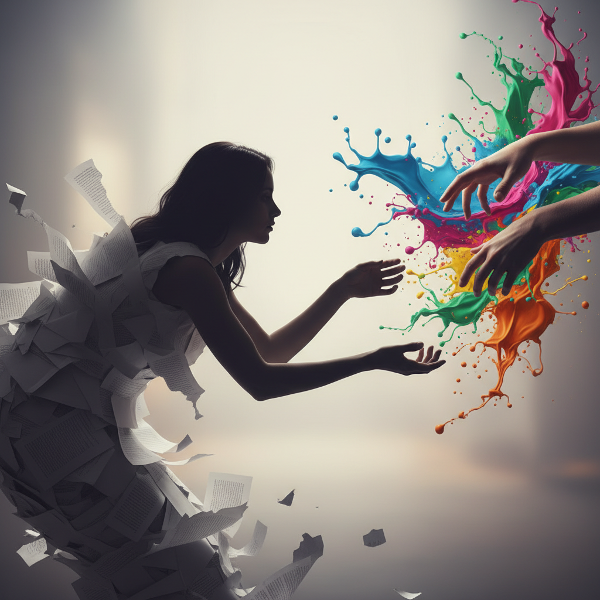 Et bilde som viser en kvinnesilhuett som bryter ut av et kokong av blankt papir, og når mot fargesprakende maling og sammenfiltrede hender. Symboliserer spenningen mellom kreativt uttrykk og sårbar intimitet.