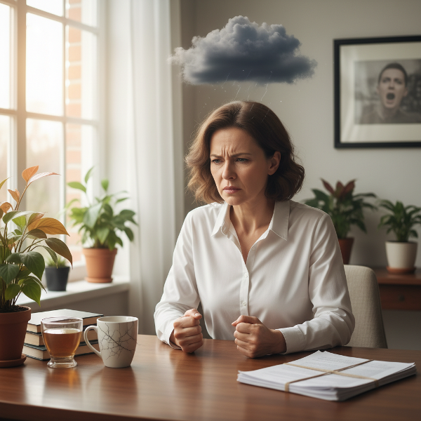 En kvinne som føler en indre bygging av irritasjon og sinne i en tilsynelatende normal hverdagssituasjon.