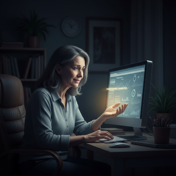 Bildet viser Mona som føler seg alene og overveldet foran skjermen i sin nye online praksis, med et glimt av håp om å nå ut.