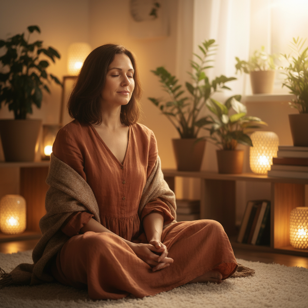 En kvinne som finner stille og indre ro, et symbol på å gjenoppdage seg selv og ta eierskap over egen kropp og følelser.