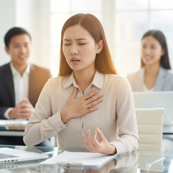 En ung kvinne som føler kroppslig angst og prøver å finne ro gjennom pust og tilstedeværelse.