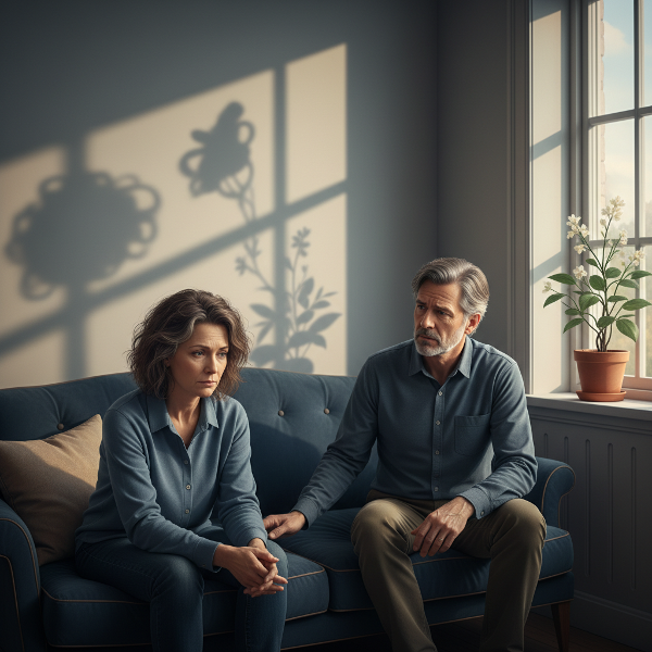 En kvinne i 50-årene som sitter på en sofa og ser tilbaketrukken ut, mens partneren sitter i nærheten med et bekymret uttrykk. Mykt innelys og symbolsk skygge.