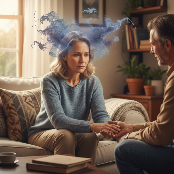 En kvinne i 50-årene som kjemper med påtrengende tanker, men søker tilknytning til sin partner i et varmt, hjemlig miljø.