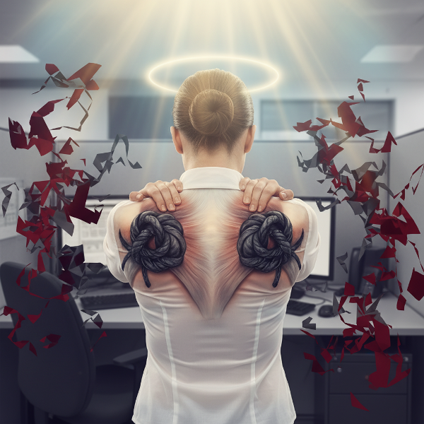 En kvinne med psykosomatiske rygg- og skuldresmerter i et kontormiljø, der stress og indre ro vises som visuelle elementer.