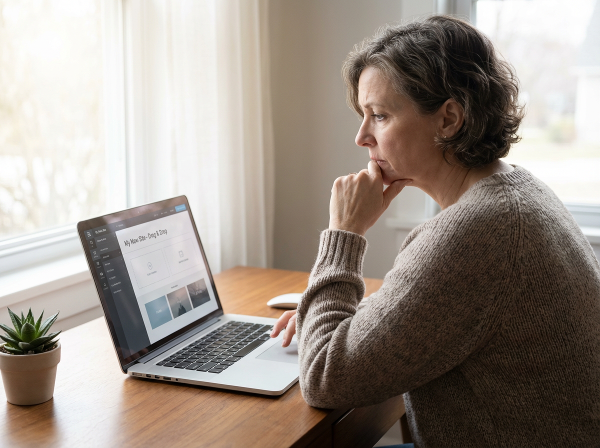 En kvinne i begynnelsen av 50-årene sitter ved et skrivebord og ser på en laptop med en nettside under utvikling. Hun ser ettertenksom og usikker ut, omgitt av et rolig, hjemlig miljø.