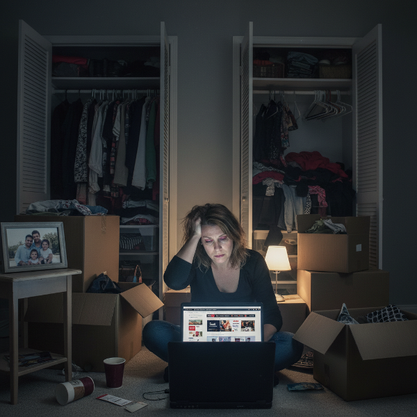 En kvinne omgitt av pakker og klesskap som flyter over, fanget i en syklus av nett-handling som fører til isolasjon.