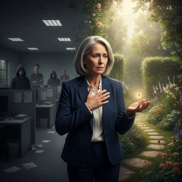 En kvinne i en overgang mellom et mørkt arbeidsmiljø og et lysere, roligere sted, mens hun opplever kroppslige stressreaksjoner og minner fra fortiden.