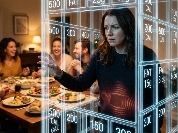 En kvinne fanget i et bur av kaloritall og matetiketter, mens hun lengter mot et sosialt middagsselskap utenfor.
