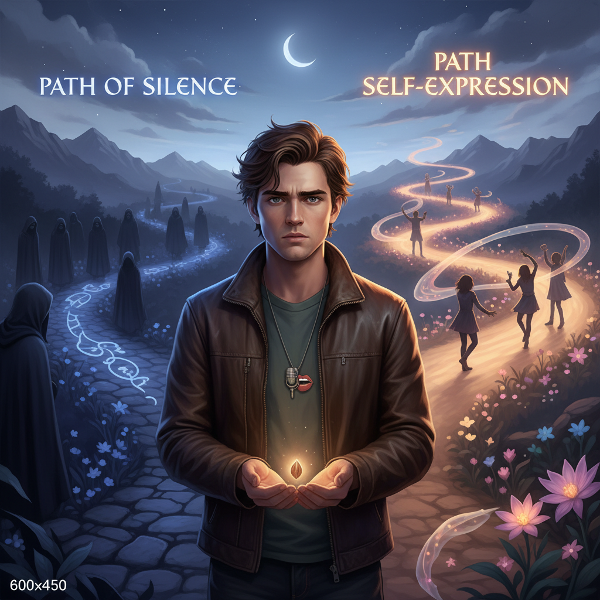 En ung mann står ved et veiskille mellom taushet og selvuttrykk, og holder et lite frø som symboliserer den indre stemmen han ønsker å la vokse.