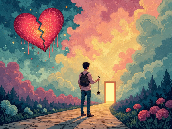En ung mann står ved et veiskille, symbolsk for valget mellom fortidens sår og fremtidens muligheter, omgitt av elementer som viser emosjonell helbredelse og tillitsbygging.