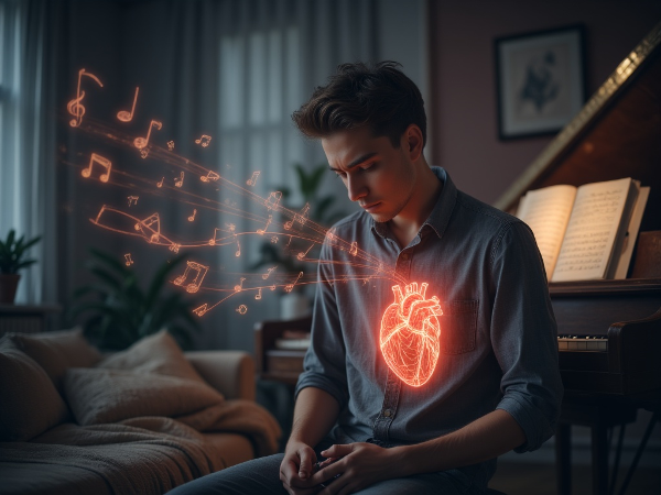 En ung mann opplever panikk mens trist pianomusikk strømmer fra et annet rom, med musikalske noter som forvandles til bølger av angst.