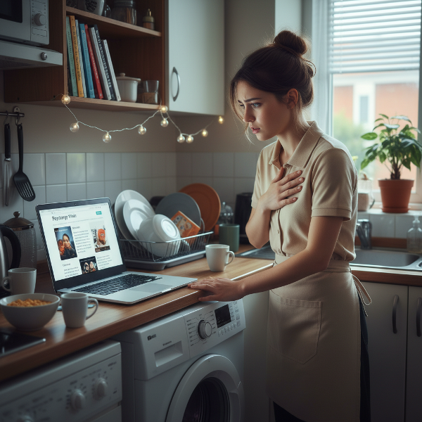 En ung kvinne i kaféuniform opplever overveldelse hjemme i sin lille leilighet, med fysiske tegn på stress mens hun reflekterer over psykologiske utfordringer.