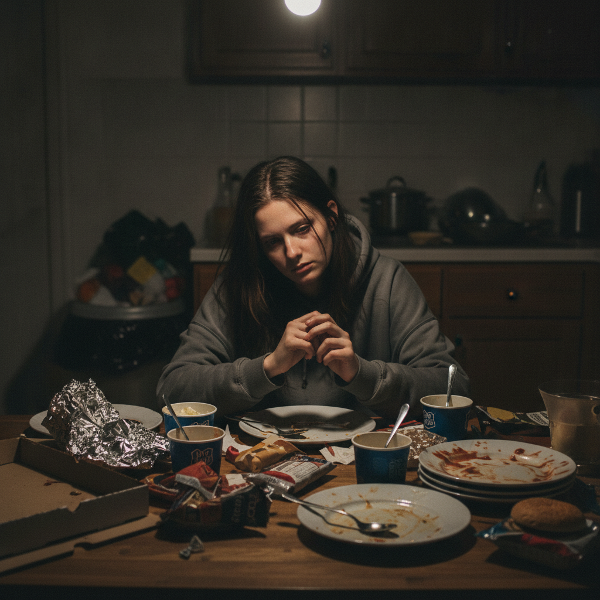 En ung kvinne sitter alene i et mørkt kjøkken med tomme tallerkener og matrester rundt seg, og ser stresset og skyldbetynget ut.