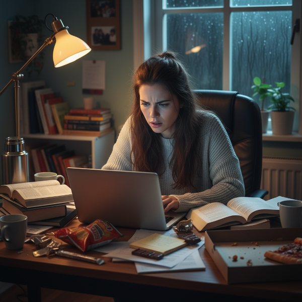 En ung kvinne som jobber sent på kvelden med psykologisk nettstedsarbeid, omgitt av rot og tomme matemballasjer, mens hun ser overveldet ut.