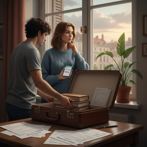 En ung kvinne føler seg ensom og usikker mens broren forbereder seg på å dra, med usikker fremtid symbolisert av søknader og et håp om vekst.