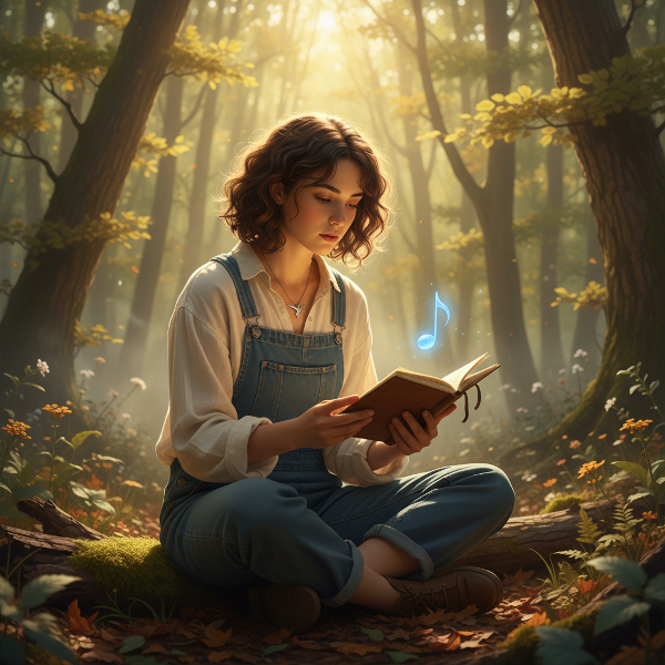 En ung kvinne som reflekterer i en rolig skog, med en notatbok og et symbol på musikk i luften.