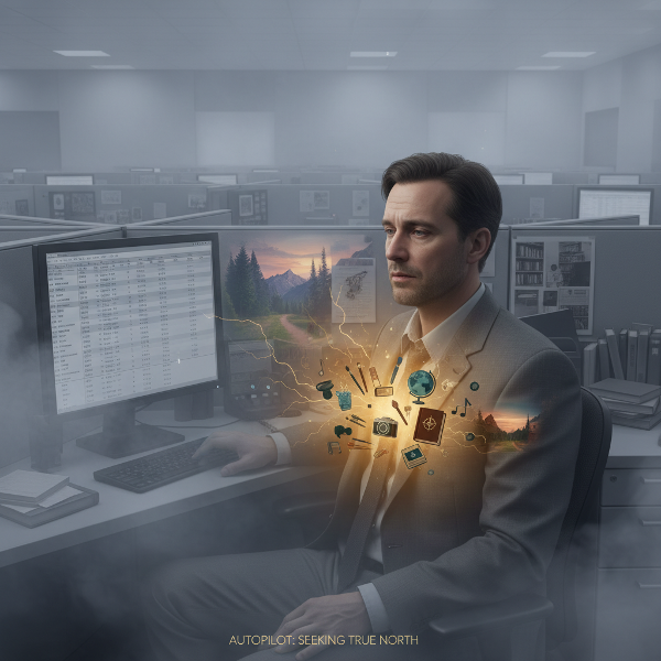 Mężczyzna w biurze, otoczony szarą mgłą rutyny, patrzy przez okno, szukając kolorów i światła symbolizujących głębszy sens i odkrycie siebie.