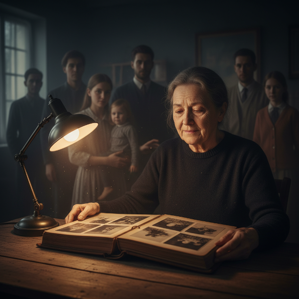 Dojrzała kobieta w półmroku, przeglądająca album ze zdjęciami, z twarzą pełną żalu i nadziei, podczas gdy cienie osób, którym pomagała, znikają w tle.