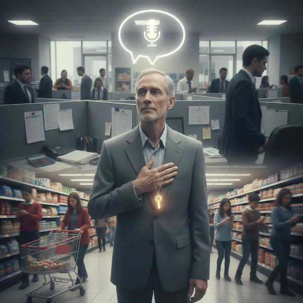 Mężczyzna w średnim wieku siedzi przy biurku w biurze księgowego, otoczony rozmytymi sylwetkami ludzi. Wyraża poczucie niewidzialności i utraty pewności siebie w różnych aspektach życia.