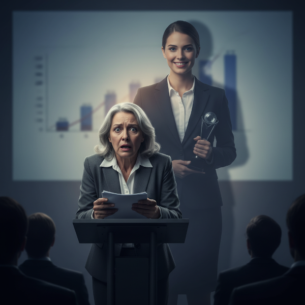 Kobieta w biurze, sparaliżowana lękiem przed prezentacją, podczas gdy za nią widać cień jej odnoszącej sukcesy siostry.