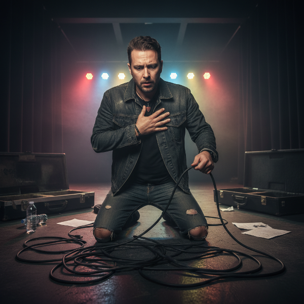 Mężczyzna w średnim wieku na zapleczu sceny, doświadczający lęku i objawów psychosomatycznych przed koncertem.