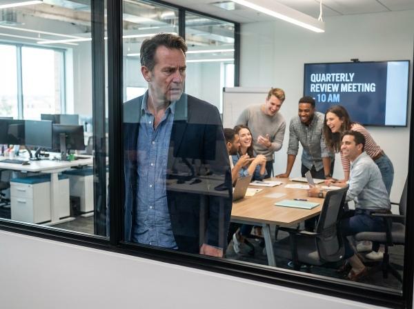 Mężczyzna w średnim wieku w biurze, doświadczający niepewności i lęku przed spotkaniem, otoczony przez młodszych współpracowników, z symbolicznym odbiciem w oknie.