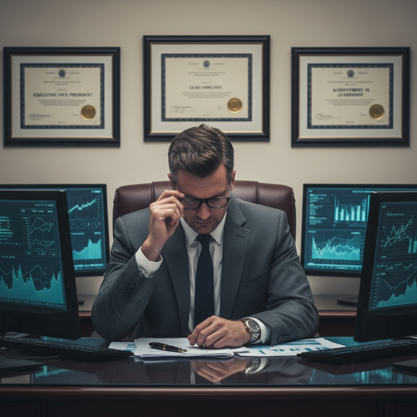 Mężczyzna w garniturze przy biurku z wykresami finansowymi, czuje się jak oszust mimo dyplomów awansu na ścianie. W tle mgła niepewności.