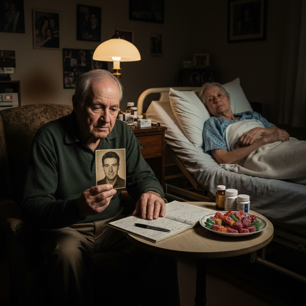 Starszy mężczyzna doświadczający wypalenia opiekuna i żałoby, w domu pełnym obowiązków i wspomnień.